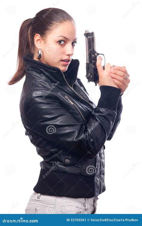 Pretty Girl In Black Leather Jacket Holding Gun Stock Image Image Of