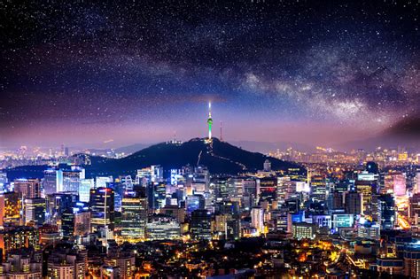 View Of Downtown Cityscape And Seoul Tower In Seoul Stock Photo