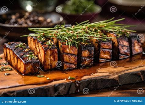 Grilled Tofu With Char Marks And Herbs On Cedar Plank Stock