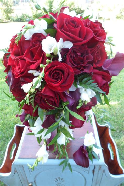 Cascading Bouquet Black Magic Red Roses White Freesia Burgundy Calla