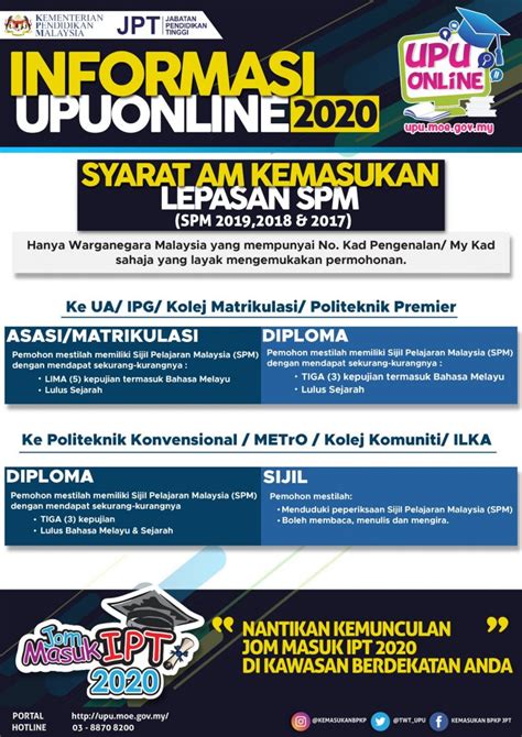 Permohonan rayuan upuonline ke universiti awam (ua), kolej matrikulasi, institut pendidikan guru (ipg), politeknik, kolej komuniti dan ilka sesi akademik 2020/2021 bagi lepasan spm/setaraf. Syarat AM Kemasukan UPU Lepasan SPM Sesi 2020 Untuk ...