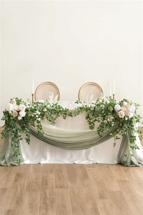 Large Floral Swag Set For Rectangle Head Table In White And Sage Lings
