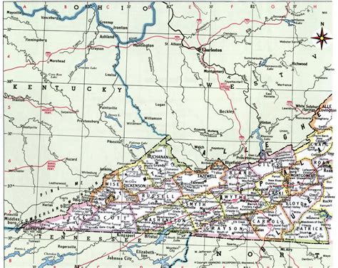Map of Virginia showing county with cities and road highways