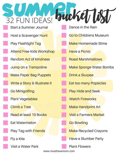 A bucket list is a collection of goals, dreams and aspirations that you would like to accomplish within your lifetime. 7 Free Printable Summer Bucket Lists - Must Have Mom