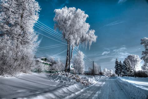 Winter Russia Snow Trees Outdoors Cold Ice Road Power Lines