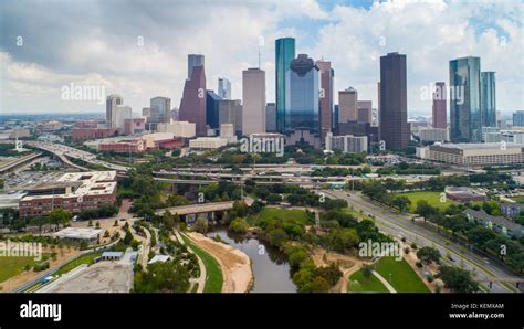 Aerial View Of Skyline Downtown Houston Building City At Buffalo Bayou