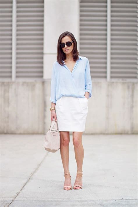 White Skirt With Light Blue Silk Blouse Style Style Inspiration