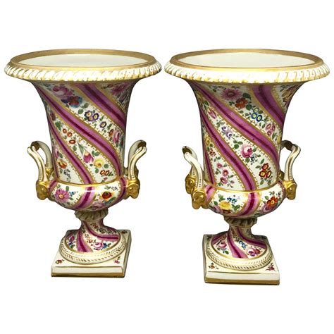 Pair Of French Old Paris Painted And Gilt Porcelain Mantel Urns Circa