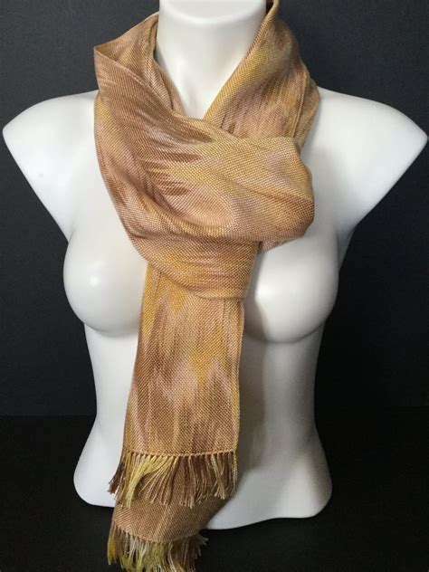 Hand Dyed Handwoven Fringed Tencel Scarf In Shades Of Yellow Brown