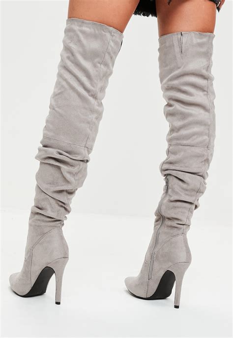 Missguided Grey Faux Suede Over The Knee Ruched Boots In Gray Lyst