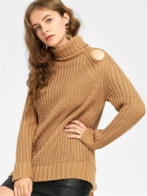 36 Off 2021 Turtleneck Chunky Cut Out Sweater In Light Coffee Zaful