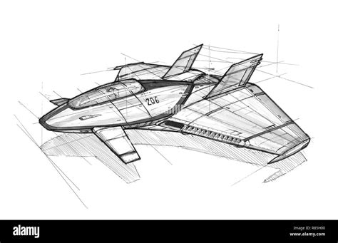 Ink Concept Art Drawing Of Futuristic Spaceship Or Aircraft Stock Photo