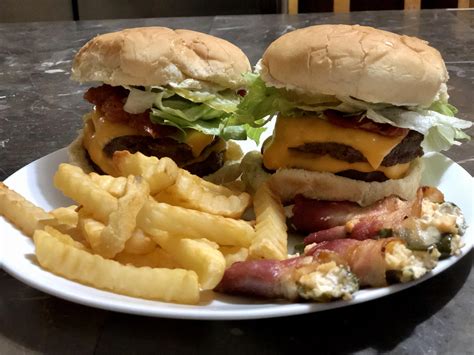Homemade Double Meat Bacon And Cheese Burger With Fries And Jalapeño
