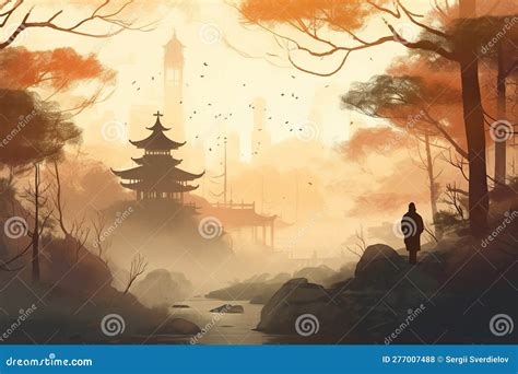 A Peaceful Scene of a Monk Meditating at Sunrise, Surrounded by Mist