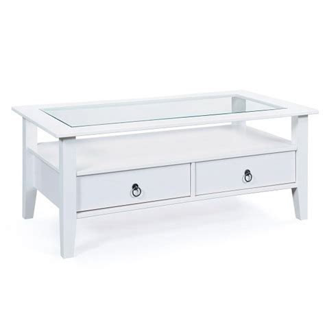 This coffee table features a metal frame, glass top, and provides two large drawers for storage needs. Cassala Glass Top Coffee Table In White With 2 Drawers ...