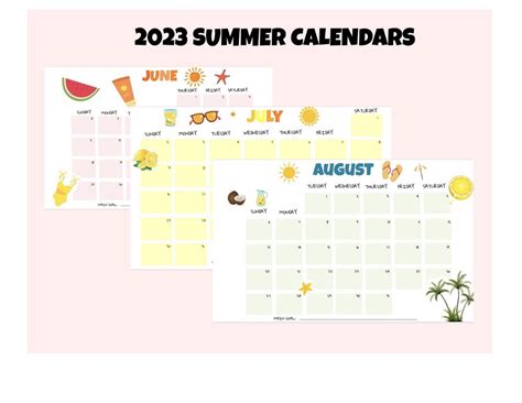 2023 Summer Calendars Printable Summer Calendars 2023 June Etsy
