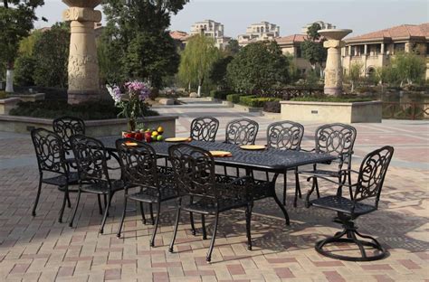 Made from cast aluminum, the set includes four dining chairs and one mesh table. Patio Furniture Dining Set Cast Aluminum 92"-120 ...