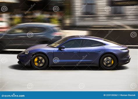 Kiev Ukraine June 12 2021 Blue Electric Porsche Taycan In The City