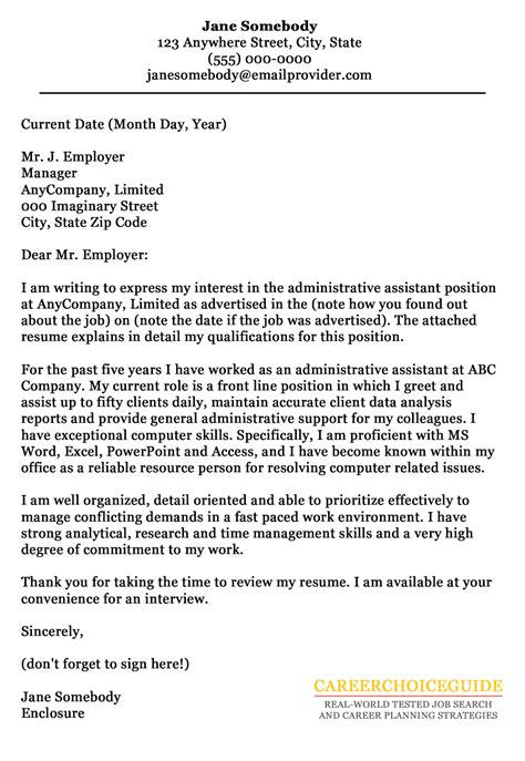 Cover Letter Sample For An Administrative Assistant Cover Letter