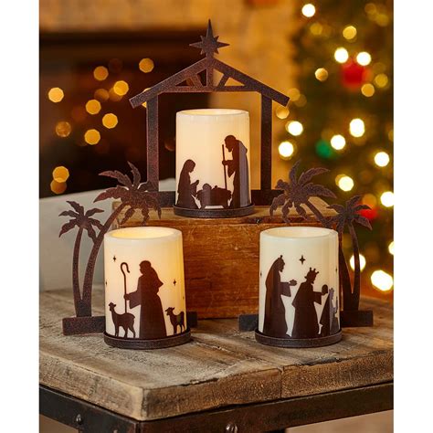 Led Flameless Christmas Nativity Scene Candles Holiday Home Set Of 3