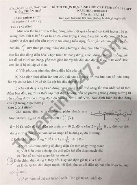 Với hơn 1000+ bộ đề thi thử thpt quốc gia 2021 có kèm theo đáp án mới nhất gồm 9 môn thi, đọc tài liệu tự hào là thư viện tài liệu giúp các em học sinh lớp 12 ôn luyện tốt nhất cho kì thi tốt nghiệp thpt sắp tới. Đề thi chọn học sinh giỏi cấp tỉnh lớp 12 môn Lý tỉnh Thừa Thiên Huế 2021