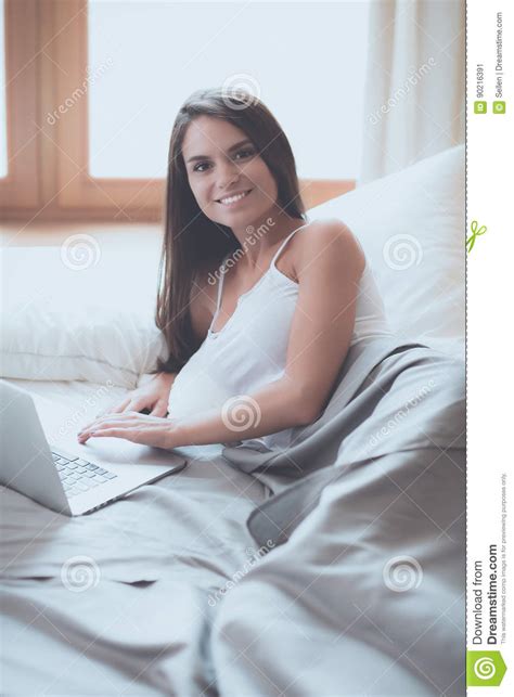 Beautiful Brunette Lying On Bed At Home Stock Image Image Of