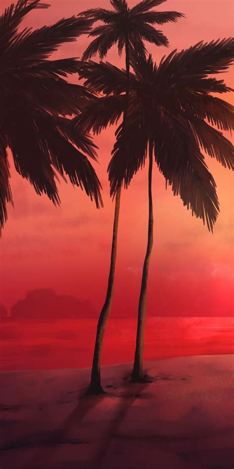 1080x2160 Sunset Tropical Beach Relaxed Adorable Palm Trees