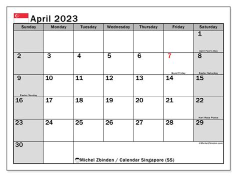 April 2023 Printable Calendar “singapore Ss” Michel Zbinden Sg