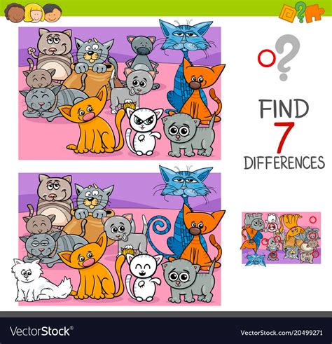 Find Differences Game With Cats Animal Characters Vector Image