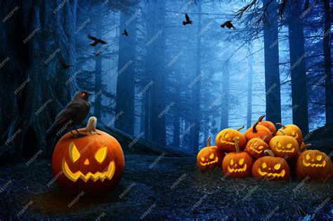 Premium Photo 3d Rendering Halloween Pumpkins On Dark Spooky Forest