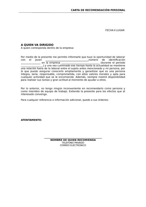 Carta DE Recomendacion CARTA DE RECOMENDACIÓN PERSONAL FECHA I LUGAR