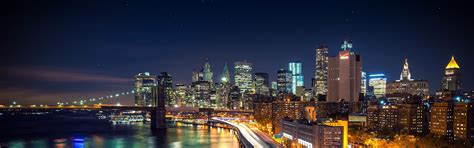 New York City City Night Lights Long Exposure Brooklyn Bridge