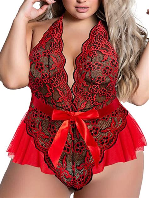 Elplus Size Teddy For Womensexy Deep Plunge V Mesh Floral Contrast