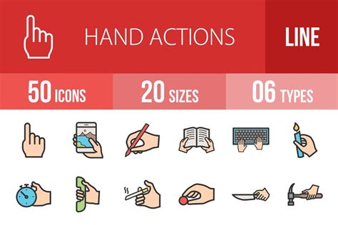 50 Hand Actions Line Icons Pre Designed Illustrator Graphics