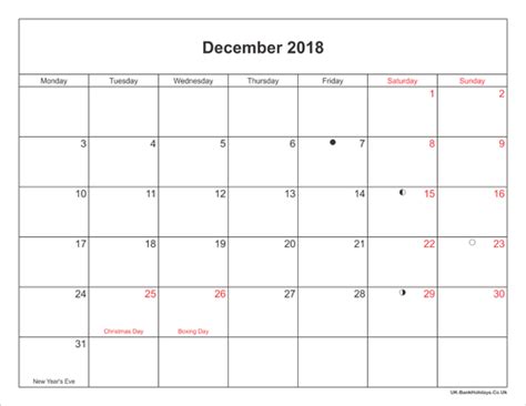 December 2018 Calendar Printable With Bank Holidays Uk Landscape Small