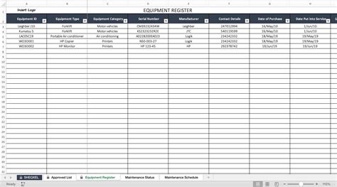 Equipment Register Health And Safety Template Excel Template Etsy