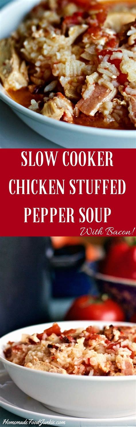 So, pick out your favourite slow cooker soup recipe, gather your ingredients and just dump it in the slow cooker and forget. Slow cooker Chicken Stuffed Pepper Soup recipe combines ...