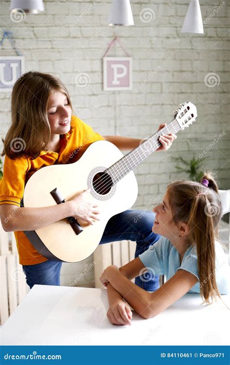 Children Learn To Play Guitar Stock Image Image Of Education Class