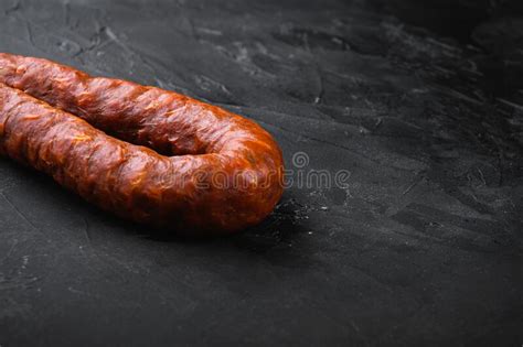 Spanish Pork Chorizo Sausages On Black Background With Space For Text