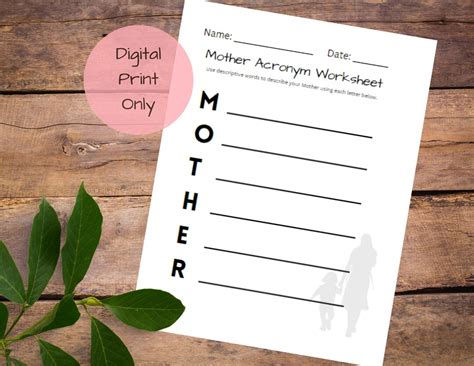 Mother Acronym Printable Worksheet Mothers Day Etsy
