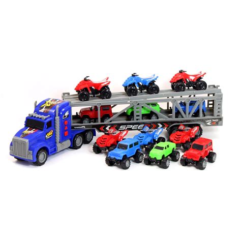 Kidplokio Toy Truck Atv Semi Truck Transporter Carrier Friction Pull