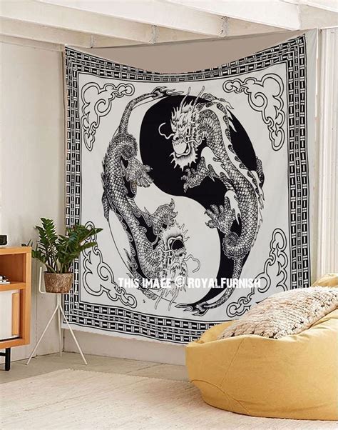 Black And White Yin Yang Chinese Dragon Fly Tapestry Wall Hanging
