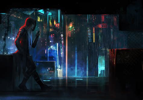 Cyberpunk Rain Town Man Standing Wallpaperhd Artist Wallpapers4k