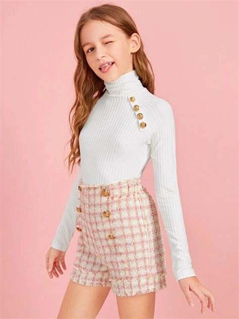 Girls High Neck Button Detail Top And Grid Tweed Shorts Set Kidenhouse