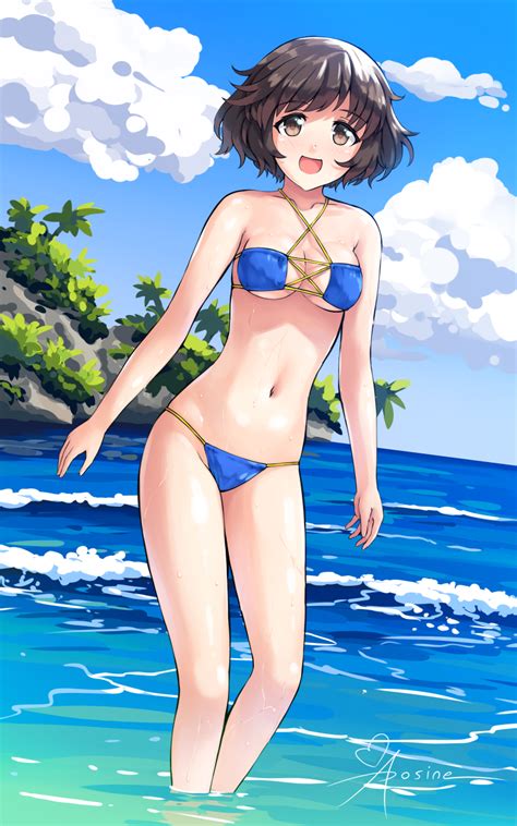 safebooru 1girl akiyama yukari aposine bikini black hair blue bikini blue sky breasts brown