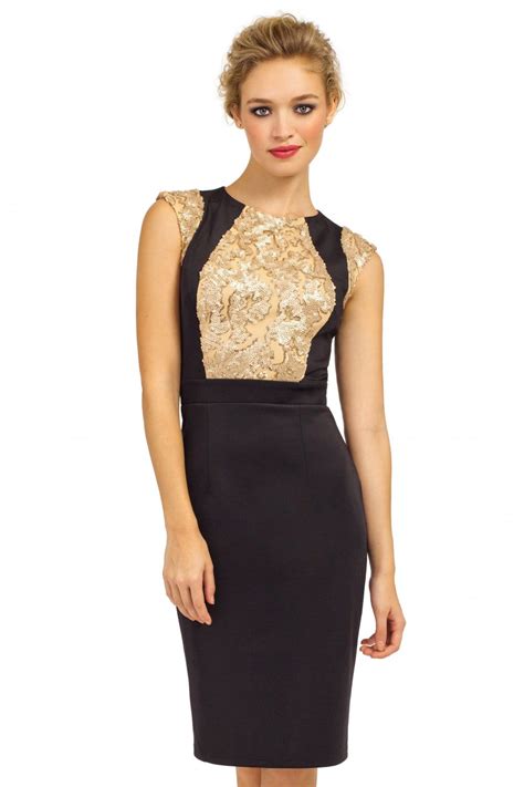 Black And Gold Sequin Embellished Contrast Panel Bodycon Dress