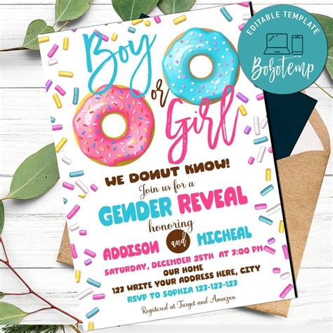 donut theme gender reveal invitation printable diy createpartylabels
