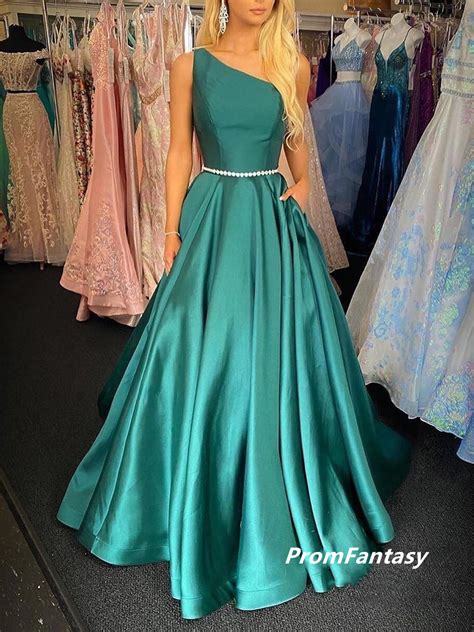 psy378 one shoulder green satin prom dresses a line long prom dresses with beaded belt on storenvy
