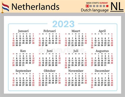Dutch Horizontal Pocket Calendar For 2023 Week Starts Sunday Stock