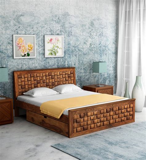 Buy Woodway Solid Wood Queen Bed With Drawer Storage In Rustic Teak